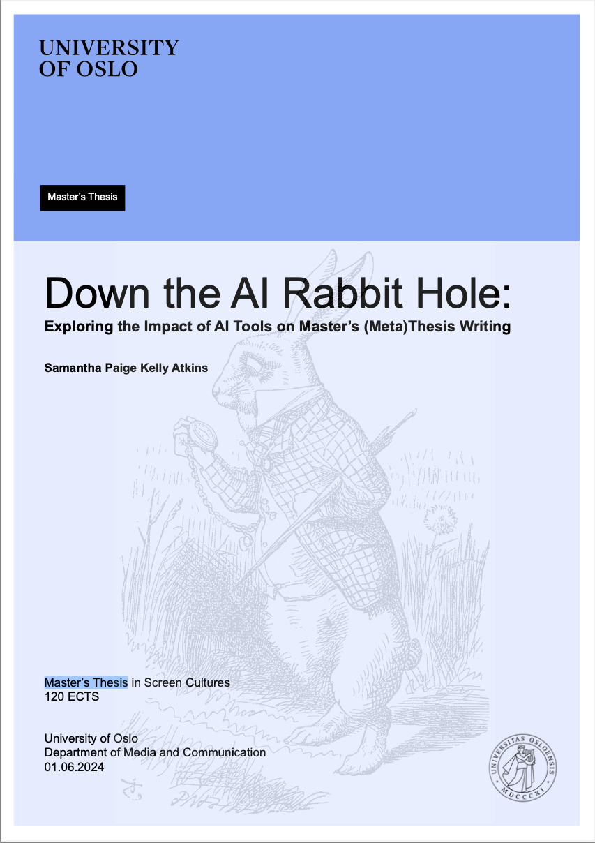 Thesis cover featuring the White Rabbit from Alice in Wonderland